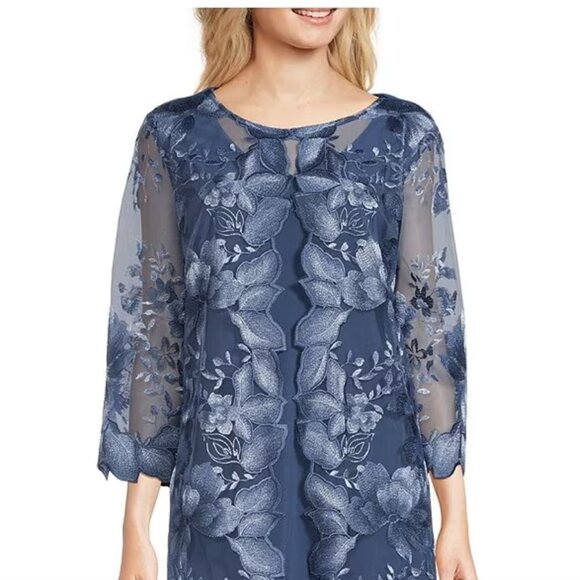 Alex Evenings Round Neck Floral Embroidered 3/4 Sleeve Jacket Dress - Picture 2 of 11